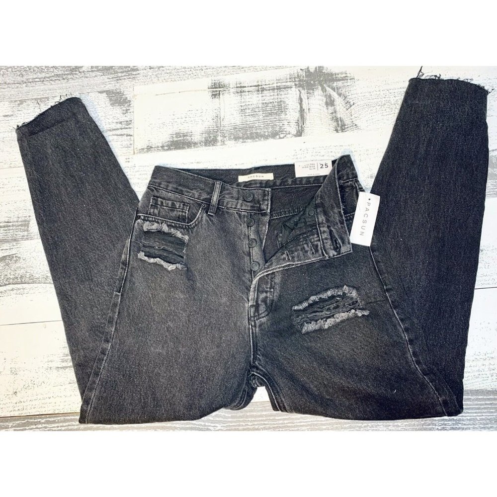Pacsun Black Jeans High Waisted Juniors Size 3 (25) Button Fly Torn Distressed